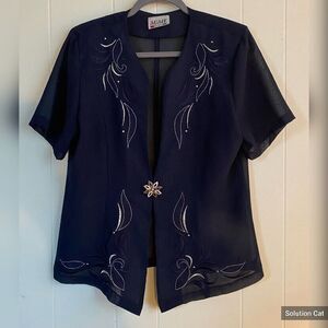 Susie Blouse Women's Large Blue Sheer Silver Embroidered Jewel Closure Party